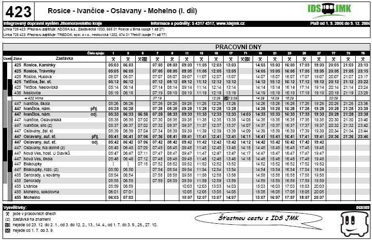 423 - Rosice - Mohelno - pracovní dny