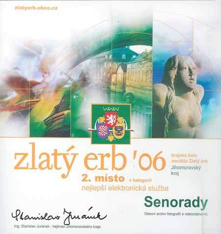 Zlatý erb 06, 2.místo v kategorii nejlepší elektronická služba, Jihomoravský kraj, podepsán hejtman Jihomoravského kraje Ing. Stanislav Juránek. Zlatý erb 06, 2.místo v kategorii nejlepší elektronická služba, Jihomoravský kraj, podepsán hejtman Jihomoravského kraje Ing. Stanislav Juránek.