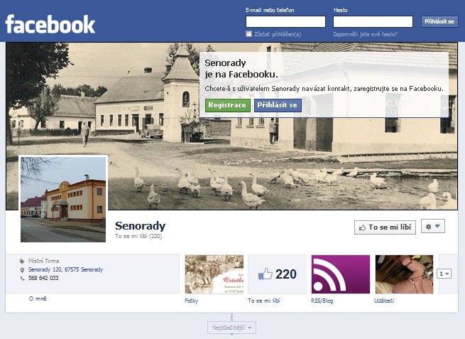 FACEBOOK SENORADY: Obec Senorady má své stránky na aktuálně nejpopulárnější sociální síti Facebook. Naleznete zde nejrychleji aktuální informace z obce, celá fotoalba z akcí v obci, pozvánky na obecní události, ankety, videa a příspěvky ostatních uživatelů.