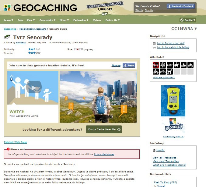 GEOCACHING SENORADY: Obec Senorady vytvořila první obecní schránku turisticko sportovní hry Geocaching v ČR. Pokud se chcete do této zajímavé aktivity zapojit, nalezení kešky Tvrz Senorady je tím správným krokem :)