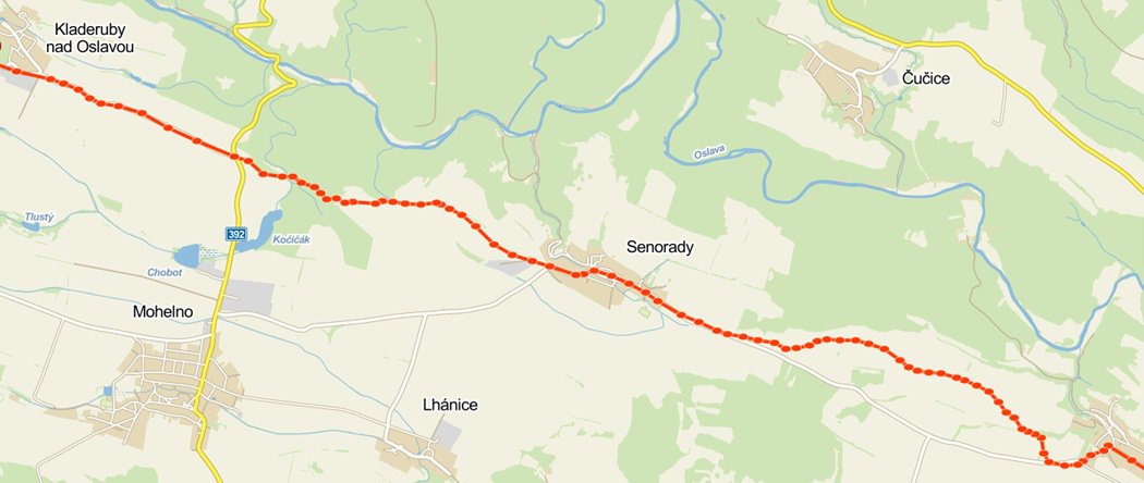 Současná mapa (Mapy.cz) s vyznačením středověké cesty. 