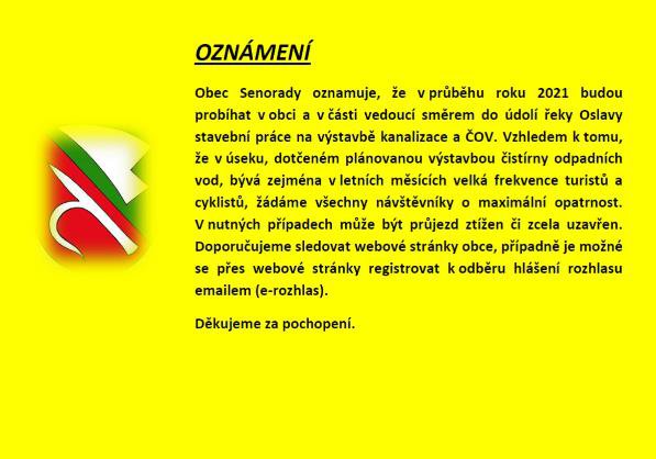 Oznámení pro návštěvníky obce a údolí řeky Oslavy